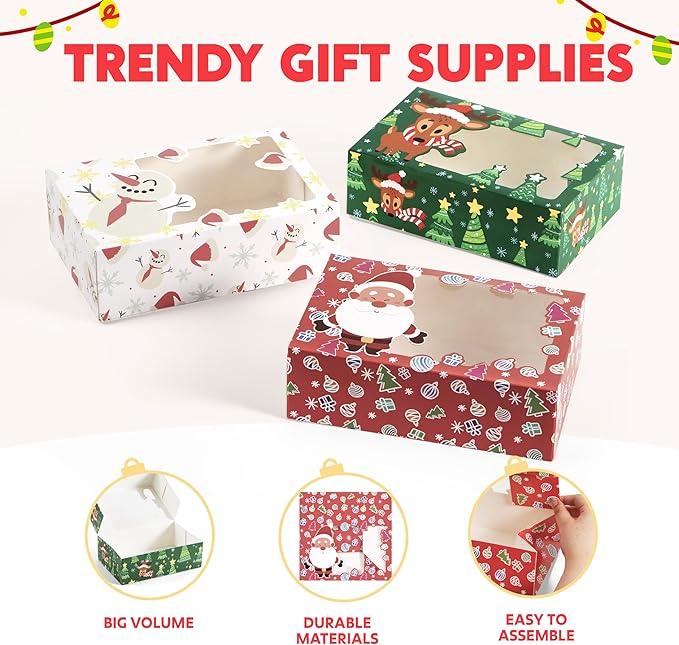 JOYIN 24 PCS Christmas Foil Treats Cookie Gift Boxes (8.75" x 5.75" x 2.75") Colorful Pattern Bakery Box with Window for Xmas Holiday Birthday Party Pastries, Cupcakes, Brownies, Donuts Gift-Giving