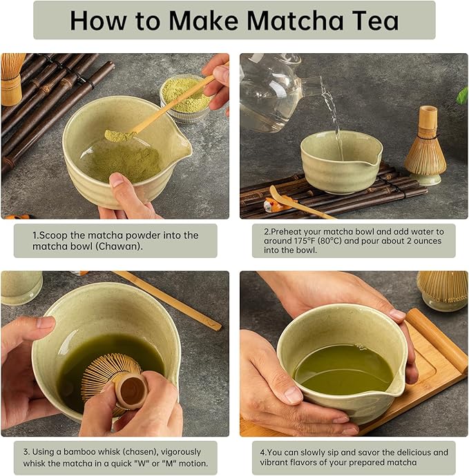 Matcha Whisk Set，Matcha Set includes Match Bowl with Spout and Whisk, Matcha Whisk Stand,Bamboo Matcha Scoop，5 Pcs Complete Ceramic Matcha Kit