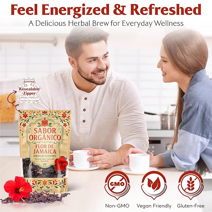 1lb Dried Hibiscus Flowers perfect for Tea and Mexican Agua de Jamaica | Flor de Jamaica Organica Natural | Flor de Jamaica Non-GMO, No Preservatives Resealable Stand-up pouches | by Sabor Orgánico