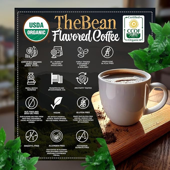 The Bean Organic Coffee Company Water Processed DECAF Vanilla Cinnamon Spice, Medium Roast, Ground Coffee, 16-Ounce Bag, Café Molido Tostado Orgánico descafeinado