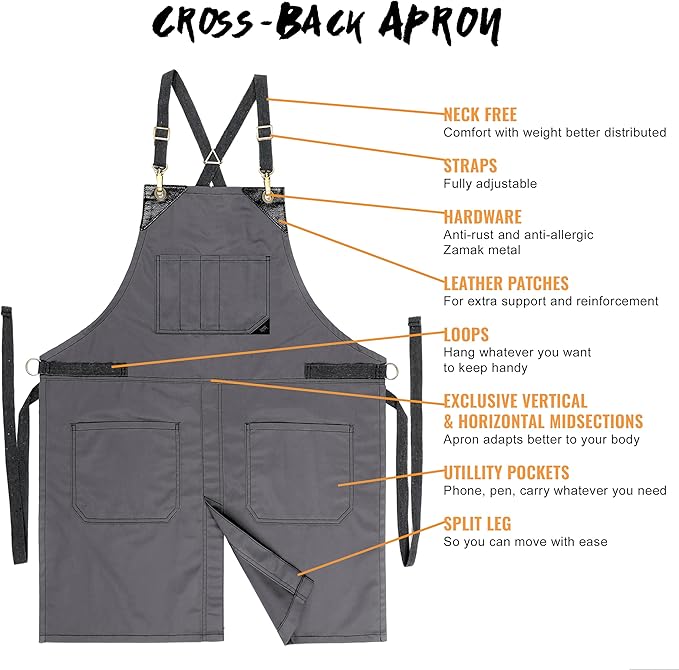 Under NY Sky Cross-Back Slate Gray Apron - Durable Denim with Leather Reinforcement and Split-Leg - Adjustable for Men and Women - Pro Chef, Tattoo, Baker, Barista, Bartender, Stylist, Server Aprons