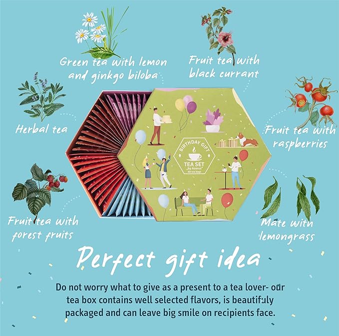 ACORUS | Birthday Gift Tea Set | Natural Tea Hamper Box Gift Set of 6 Flavors | Thoughtful Present for Birthday | Large Selection Box | Tea Gift Sets | 60 Herbal and Fruit Tea Bags Variety Pack