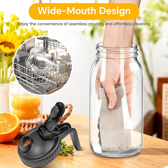 Mason Jar Pitcher, 64 OZ Glass Pitcher with Lid Double Leak-proof with Handle Water Jug Wide Mouth Breast Milk Pitcher Fridge Container for Water, Juice, Iced Coffee, Tea, Juice （Black）