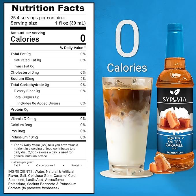 Syruvia Sugar Free Coffee Syrup, Salted Caramel Flavored Syrup for Drinks, Lattes, and Desserts – 25.4 fl oz, With Pump