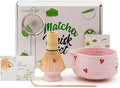5pcs Premium Matcha Set,Ceramic Bowl with Spout and Bamboo Whisk set, Ceremonical Matcha Kit for breakfast/latte,Tea Starter Making Kit,Unique Matcha Gift set (pink love)