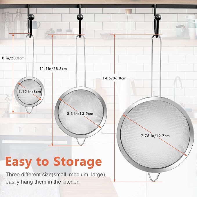 3Pcs Super Wire Extra Fine Mesh Strainer with Handle, Small Medium Large Size Sifter Metal Strainer Set, Stainless Steel Sieve Fine Mesh Strainers for Kitchen Rice Juice Quinoa Food Flour Baking YLYL