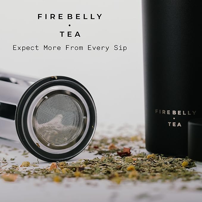 Firebelly Tea, Travel Tea Infuser Mug with Strainer, Insulated Tumbler for Loose Leaf Tea or Coffee, Leakproof Bottle for Hot or Iced Drinks, Stainless Steel Thermos with Lid, Forest
