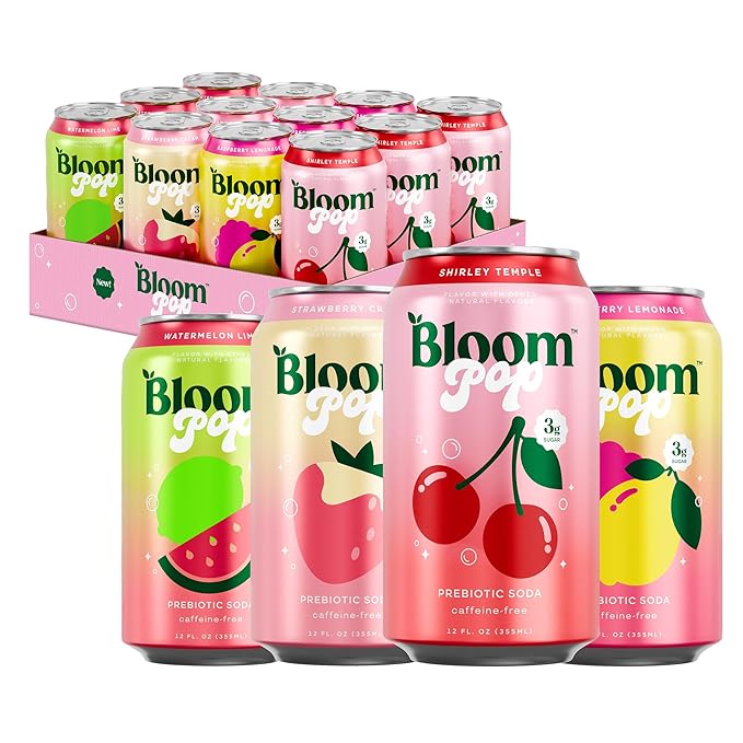 Bloom Pop Prebiotic Soda 12 Pack, Variety Pack, 12oz Cans | Prebiotic Soda for Gut Health, Low Calorie Soda, No Caffeine, Healthy Soft Drink Alternative