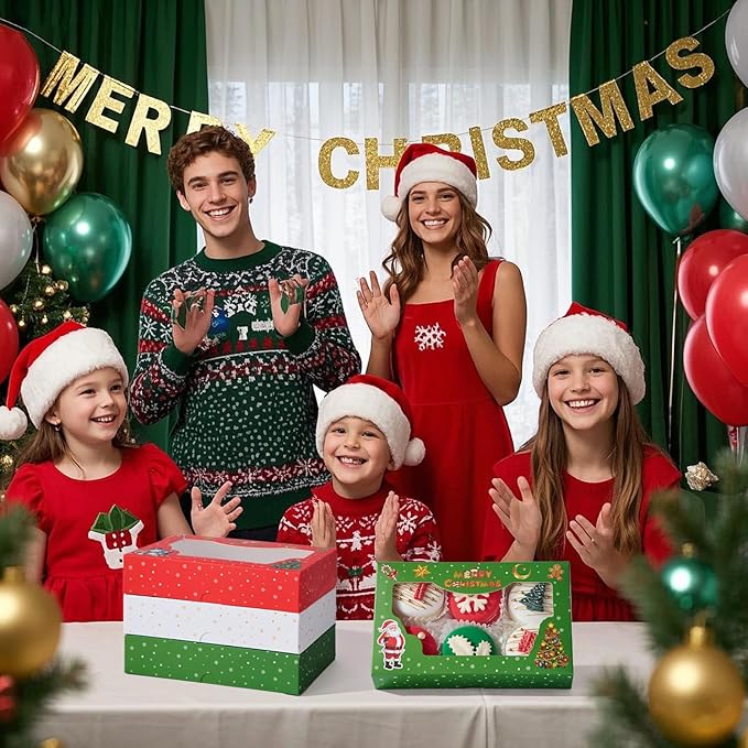12 Pack 7x4.3x1.5Inch Green/Red/White Christmas Cookie Gift Boxes Clear Window Ideal for Packaging Cookie Macaron Cake Pop Chocolate Truffles Donut Pie Treat Boxes for Christmas for Gift-Giving