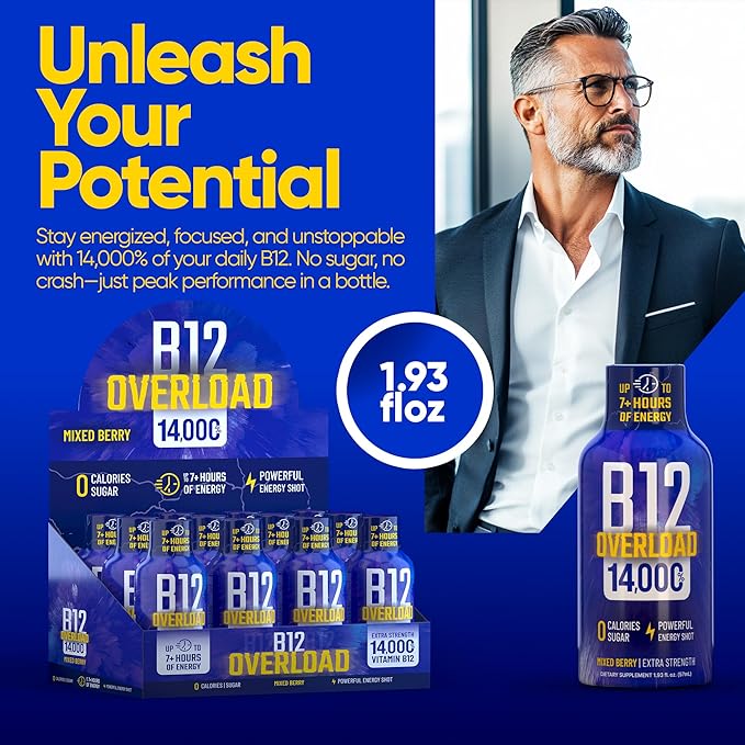B12 Overload Extra Strength Energy Shot – Mixed Berry – 260mg Caffeine, 14000% B12, Electrolytes – Energy & Vitality Support – Zero Sugar No Calories – Vegan, Kosher, Gluten-Free – 1.93 fl oz, 48-Pack