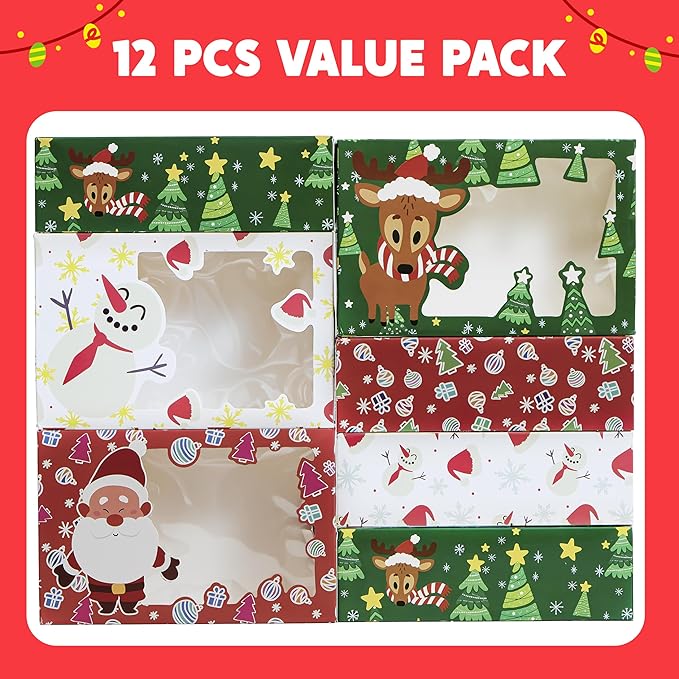 JOYIN 24 PCS Christmas Foil Treats Cookie Gift Boxes (8.75" x 5.75" x 2.75") Colorful Pattern Bakery Box with Window for Xmas Holiday Birthday Party Pastries, Cupcakes, Brownies, Donuts Gift-Giving