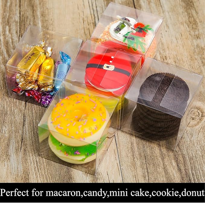 100 Pack 2x2x2 Inch Plasric Clear Macaron Boxes, Treat Boxes, Chocolate Truffle Boxes, Bakery Boxes For Dessert Candy Cookies Mini Cupcake Packaging Christmas Wedding Favors, Baby Shower