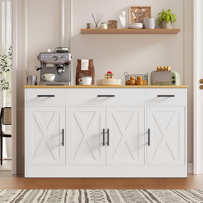 Vongrasig 53' Large Sideboard Cabinet with 4 Doors and 3 Drawers, Farmhouse Buffet Table Coffee Bar Kitchen Storage Cabinet, Wood Buffet Table for Kitchen, Dining Room, White