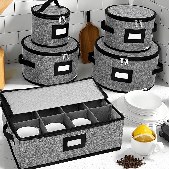 China Storage Containers, Hard Shell with Felt Dividers for Plates, Moving Boxes for Dishes, Cups, Mugs, Tableware Moving Supplies for Kitchen Organization- 5-Piece Set
