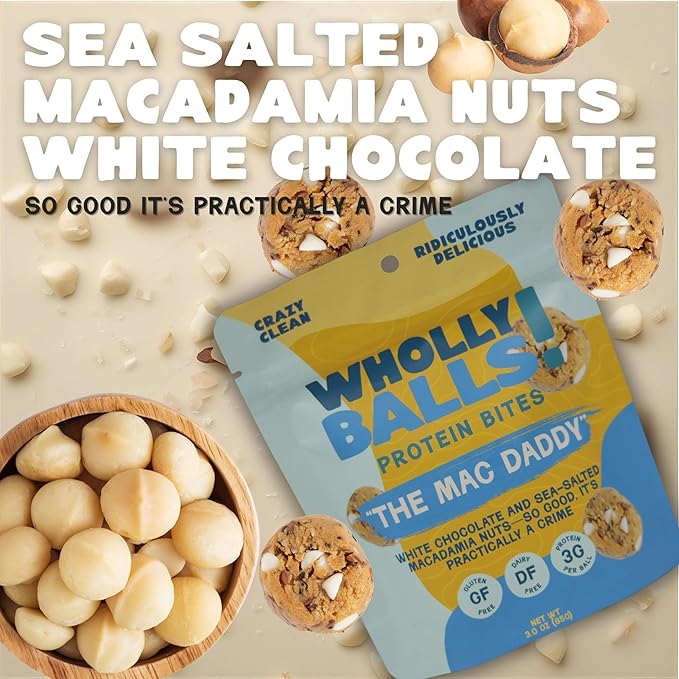 Wholly Balls Protein Bites – Healthy Plant-Based Snack | High Protein, Low Sugar, Gluten-Free Energy Balls (Pack of 3, Mac Daddy)