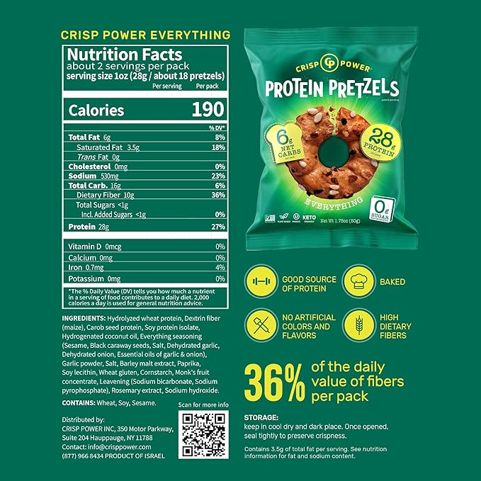 Crisp Power Protein Pretzels, Variety Pack With Sea Salt, Sesame, & Everything, Vegan Keto Snack, Plant Based Protein, Low Carb Crunchy Pretzel Snacks, No Added Sugar, No Seed Oils, 1.75 Oz Bags, 24 Pack