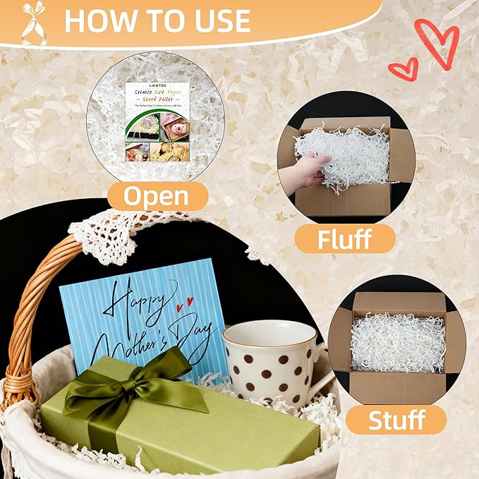 LWWTBS Crinkle Cut Paper 7oz Shredded Packing Grass Cushion Paper for Gift Baskets Christmas Wedding Birthday Bridesmaid Engagement Craft Gift boxes Stuffing Bags Filler (White)
