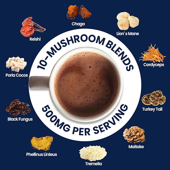 Mushroom Hot Chocolate, 50 Servings Cocoa Powder | 10 Mushrooms Supplements with Moringa Extract, DHA, Green Tea & Ginkgo Biloba | Support Focus & Gut Health | Vegan & Keto, Gluten-Free