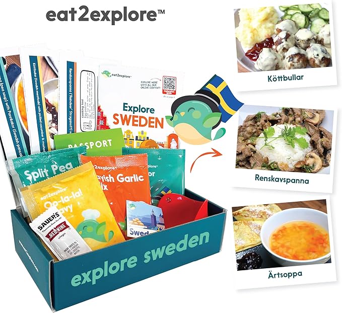 eat2explore Cooking Kits for Kids – Interactive & Educational Kids Cooking Sets Real for Ages 5 and Up,3 Recipe Cards & Global Ingredients – Fun Gift for Young Chefs (Sweden Edition)