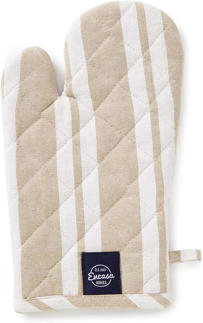 Encasa Homes Long 14 inch Oven Microwave Hand Gloves Mitts (2 pc Set) for Kitchen Cooking & Baking - Heat Resistant, Thick & Safe, Protection of Hands from Hot Utensils - Franca Beige Stripes