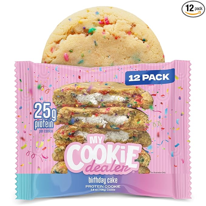 My Cookie Dealer Protein Cookies, Birthday Cake (12-Pack, 3.8oz Each) - 25g of Protein per Cookie - Individually Wrapped Workout Snacks for On-The-Go Travel