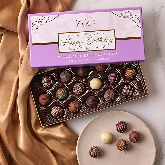 CRAVINGS BY ZOE Happy Birthday Chocolate Truffles Gift Box | 16 Count | Assorted Gourmet Milk & Dark Chocolate Candy Food Gift Basket | Birthday Gifts for Women & Men Mom Dad Kid Him Her Adult Family