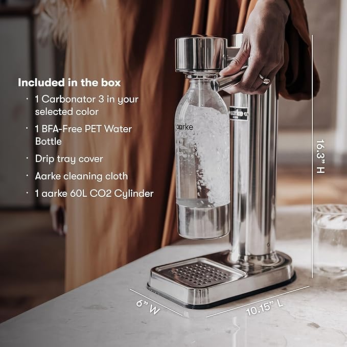 Aarke Carbonator lll with CO2 Cylinder, Sparkling & Carbonation Water Machine, Stainless Steel with PET BPA-Free Reusable Bottle Volume 1L/34 fl oz (Stainless Steel)