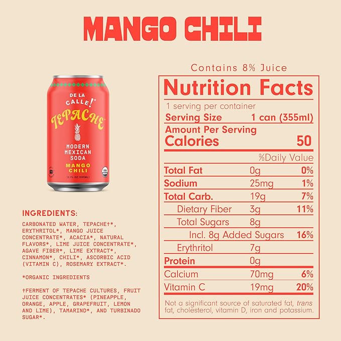 De La Calle Tepache - Mango Chili - Modern Mexican Soda - Craft Fermented Pineapple Sparkling Beverage - Certified Organic, Antioxidant Rich, Non-Alcoholic, Healthy Soda, Low Sugar, Low Calorie, Non-GMO