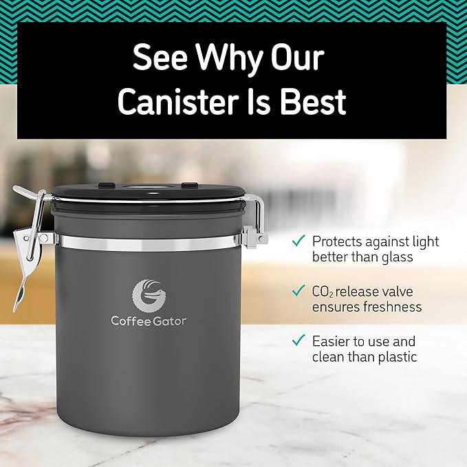 Coffee Gator Coffee Canister, 16oz Airtight Stainless Steel Kitchen Food Storage Container with Date Tracker, Scoop for Sugar,Grounds Coffee, Beans,Tea, Sugar, Cereal, Flour, Cookies Jars - Silver
