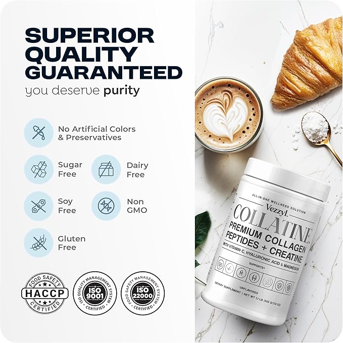 Collatine - Premium Collagen Peptides + Creatine with Vitamin C, Hyaluronic Acid and Magnesium for Skin, Hair, Nails, Bone & Joint, Muscle, Immune and Cognitive Aid (1.1 LB (500 G/17.6 OZ)