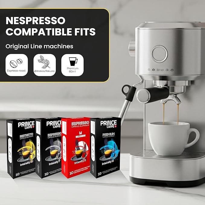 Prince Caffe Espresso Pods Variety Pack Compatible with Nespresso Original Line Machines – Espresso, Ristretto, Millennium & Premium – Intensity 7,8,9,10, 40 Count (4 x 10 Capsules)