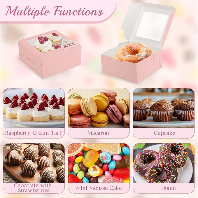 OAMCEG 30 Pack Cookie Boxes with Window, 6x6x3 Inches Pink Cupcake Boxes, Bakery Treat Boxes with Stickers & Twine for Pastry, Desserts, Strawberries, Cupcakes, Gift Giving
