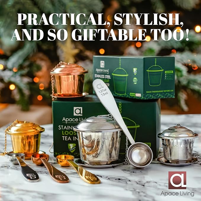 Large Tea Infuser (Set of 2) with Tea Scoop and Drip Trays by Apace – Multi Cup Size Stainless Steel Loose Leaf Tea Strainer and Steeper