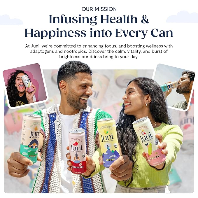 Juni Sparkling Adaptogen Drink with Ashwagandha, Lion’s Mane & Reishi Mushrooms | Green Tea for Focus, Zero Sugar, 5 Calories, Organic | Non Alcoholic Drinks - Peach 12 pack