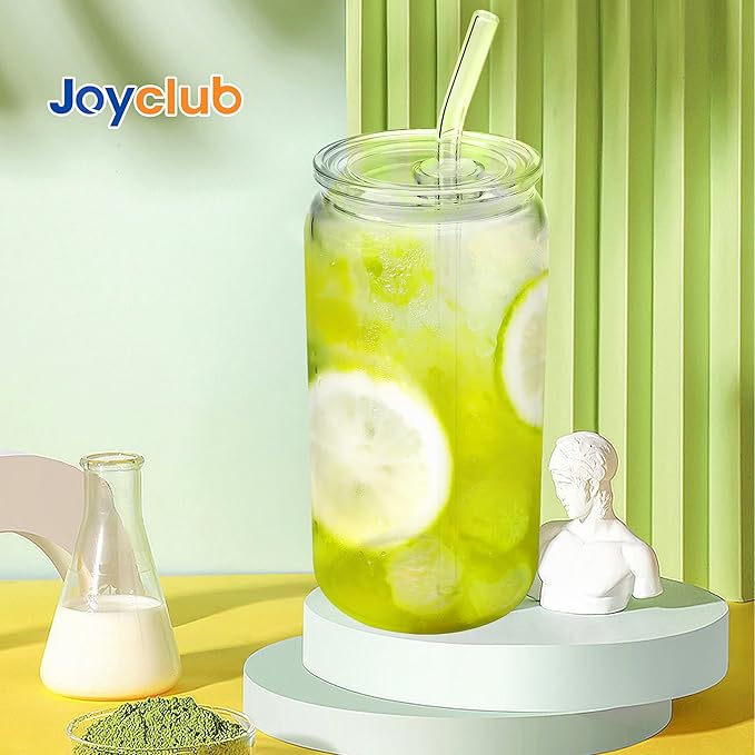 Joyclub 8pcs Glass Cups with Acrylic Lids and Straws 16 oz Can Shaped Glass Iced Coffee Cups with Lids and Straws, Cute Tumbler Cup Drinking Glasses for Smoothie Whiskey Boba Soda Tea Gift
