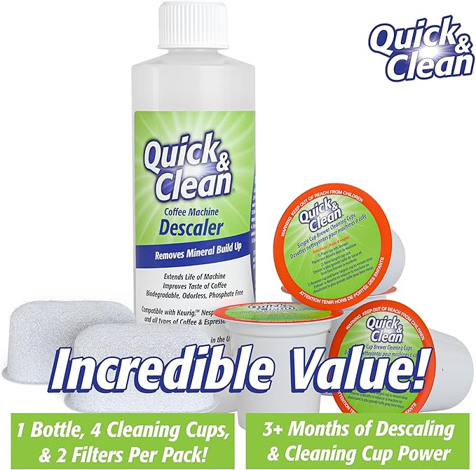 Quick & Clean 4-Pack of Cleaning Cups + 2 Filters with Descaler Bundle (2 Total Uses) - 2.0 Compatible, Descaling Solution for Keurig, Nespresso, Ninja, Delonghi, All Coffee and Espresso Machines…