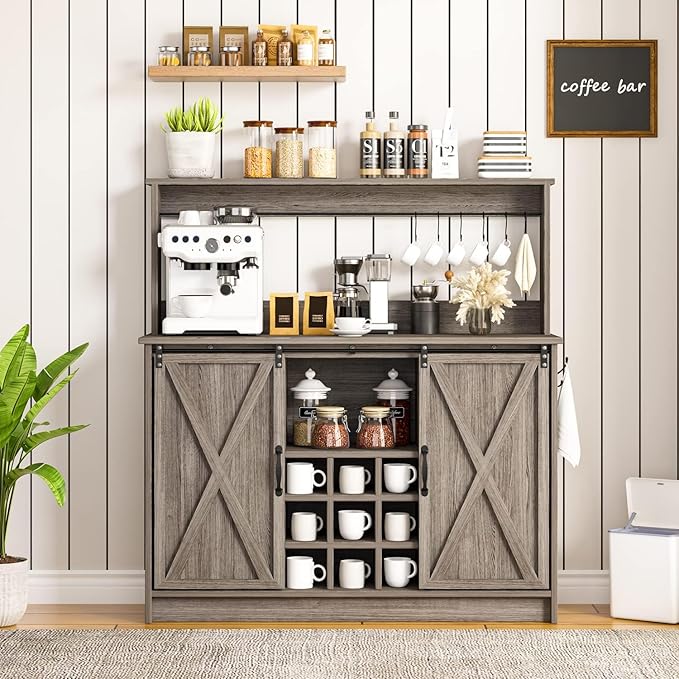 4ever2buy Farmhouse Coffee Bar Cabinet with Sliding Barn Doors, 50 Inch Coffee Bar Hutch with 6 Hooks and 9 Mug Rack, Hutch Cabinet with Storage for Living Room, Wash Grey