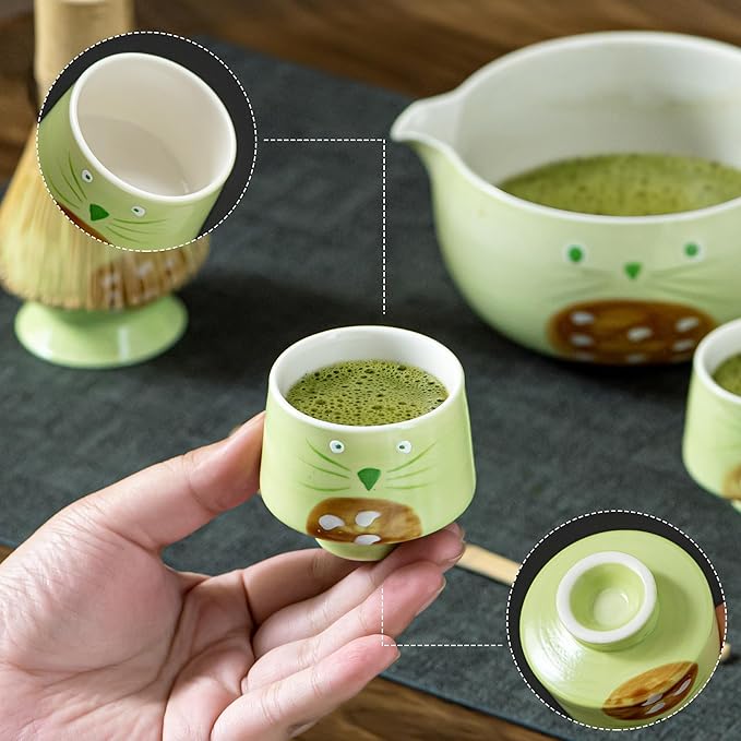 Green Matcha Set -Cute Cat Matcha Kit Includes Ceramic Bowl, Whisk and Holder, Bamboo Scoop - 6 Pcs Matcha Whisk Set for Matcha Lovers