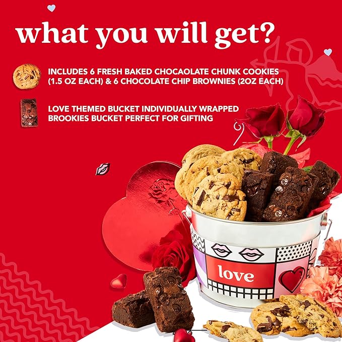 David’s Cookies and Brownies Gift Bucket Sampler – 1.3Lbs Assorted Gourmet with Chocolate Chip Brownies and Chocolate Chunk Cookies in a Love Tin Bucket, Thoughtful Gifts For Her Him