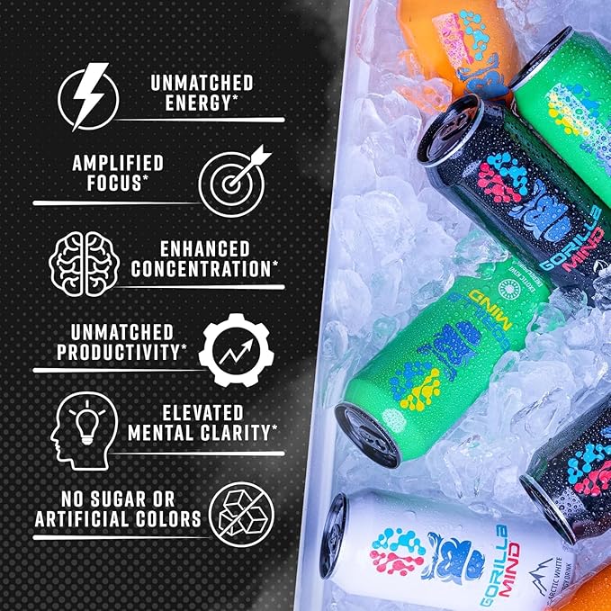 Gorilla Mind Energy Drink | Unmatched Energy · Amplified Focus | N-Acetyl-L-Tyrosine, Alpha-GPC, 200mg Caffeine, Uridine, Saffron | 0 Sugar Or Artificial Colors | 16oz | 12-Pack (Variety Pack #2)