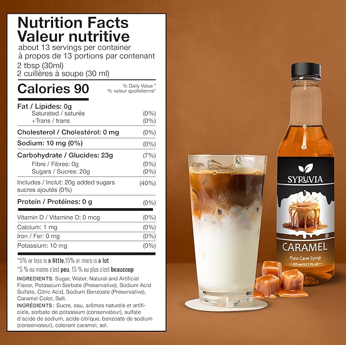 Syruvia Caramel Coffee Syrup - 12.7 fl oz Premium Coffee Flavoring Syrup - Kosher Coffee Syrups, Gluten Free, No Coloring, Perfect for Drinks, Soda, Shakes, Desserts, and More.