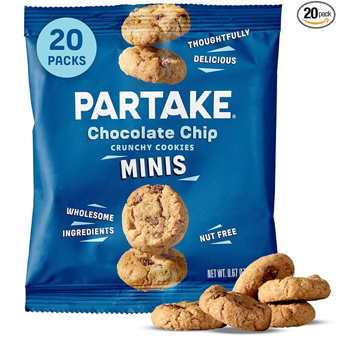 Gluten Free Partake Crunchy Chocolate Chip Cookies - Vegan - Free From the Top 9 Allergens Including Dairy, Wheat, Soy, Eggs, & Peanuts - Safe School & Office Snack (20 Packs, 0.67 oz)