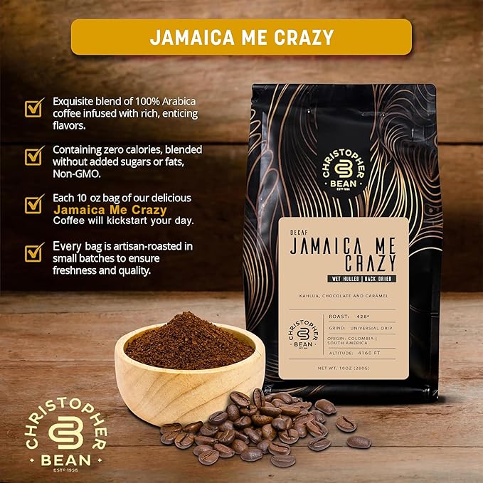 Christopher Bean Coffee - Certified Kosher - Decaf Ground Universal Drip Jamaica Me Crazy Flavored Coffee | Coffee Beans with Medium Roast 100% Arabica, No Sugar, No Fats, Non-Gmo | 10 - Ounce Bag