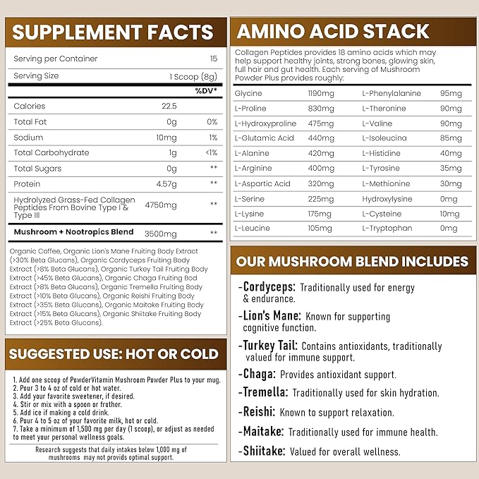 PowderVitamin Organic Mushroom Coffee Certified Mold & Mycotoxin Free GrassFed Collagen Types I & III 8 Fruiting Body Mushrooms Tested for BetaGlucans Focus Energy Digestion & Immunity 15 Servings