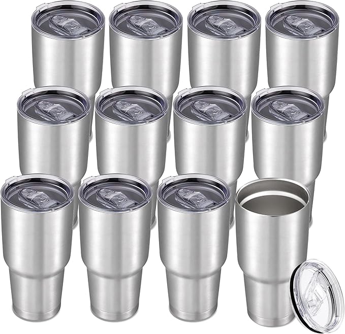 30 oz Tumbler with Lid Stainless Steel Tumblers Bulk Vacuum Insulated Cup Reusable Powder Coated Travel Mug Double Wall Leak Proof Cups Keep Cold Drinks for 12 Hours Stainless, Set of 12
