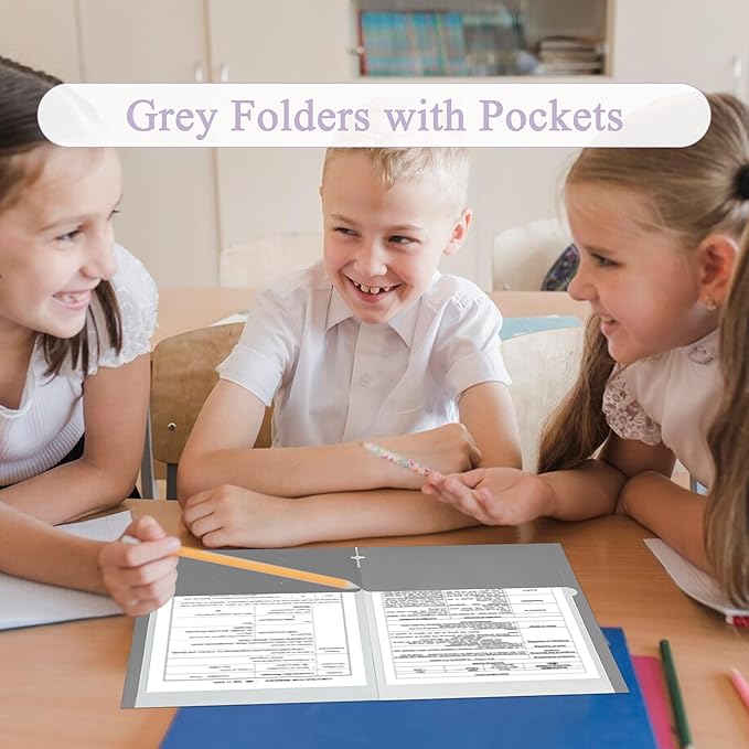 Zzrywuty File Folders with Pockets Letter Size, 50-Pack Paper Folders with Card Slot, Two Pocket Folders for School Students, Businessmen, Home and Office Workers (Grey)