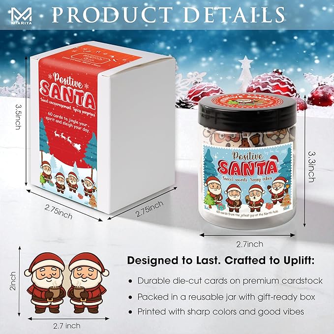 Positive Santa Jar – 60 Funny Emotional Support Santa Jar- Christmas Gifts for Teens, Women, Men, Coworkers, Teachers, Sisters, Friends – Christmas Stocking Stuffer for Teen Girls, Boys