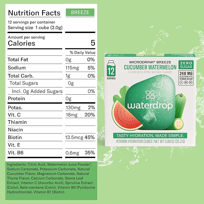 Waterdrop Hydration Cubes with Vitamin C, B Vitamins, and Electrolytes, Cucumber Watermelon Flavor, Flavored Water Enhancer Cubes for Still & Sparkling Water, Low Calorie, Sugar Free, 48 Count