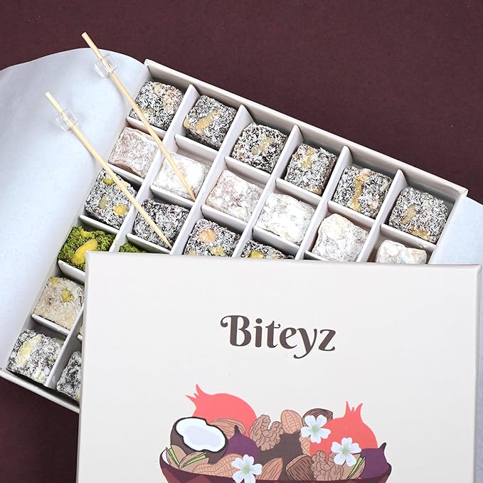 Biteyz Nutty Turkish Delight, Vegan Candy Gift Box - Assorted Gourmet Treats with Pistachios, Walnuts, Hazelnuts, Almonds, Peanuts, and Coconut, 36 Pieces of Luxury Handmade Snacks