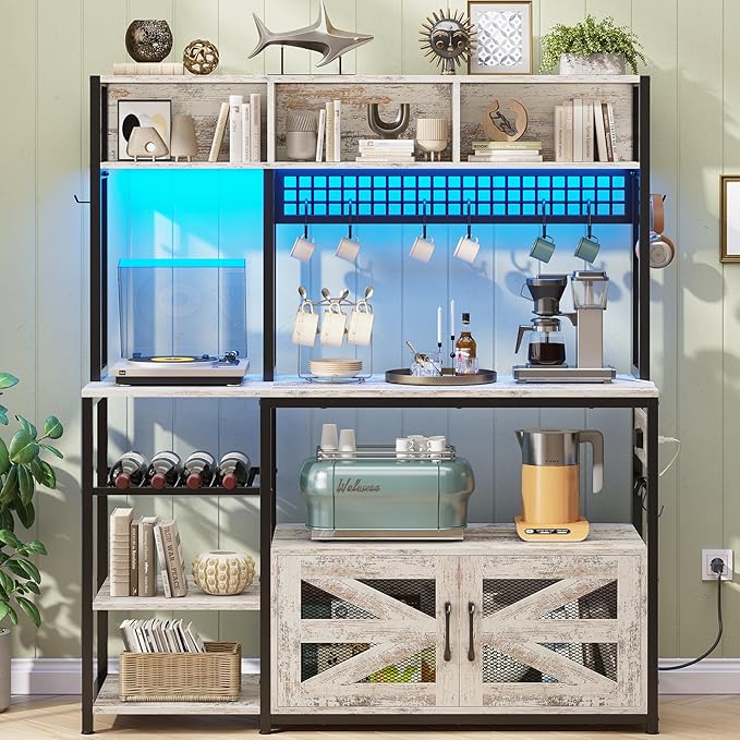 Itaar 47.2 Inch Bakers Rack with Power Outlet, Microwave Stand with Storage, Farmhouse Coffee Bar Cabinet Station with Wine Rack, Iron Grid and 8-S Hooks, Vintage White